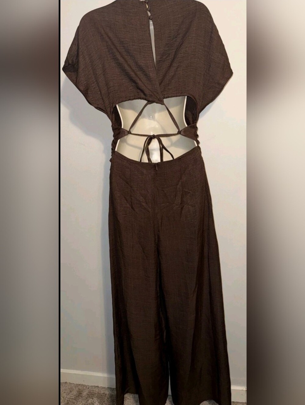 Wide-Leg Back-Tie Jumpsuit in Chocolate Brown - Picture 7 of 11